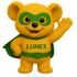 Lunex bear mascot superhero waving, wearing green mask and cape with LUNEX logo on chest